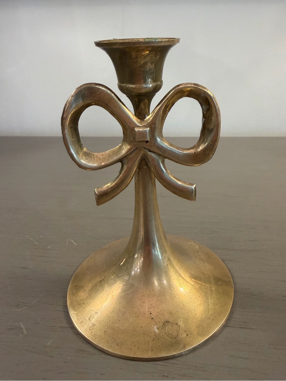 Brass Bow Taper Candle Holder Candlestick 4.75” Small Round Vintage Patina